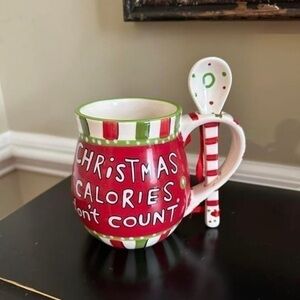 Christmas Calories Don't Count Big Mug With Spoon Cracker Barrel Ceramic Holiday